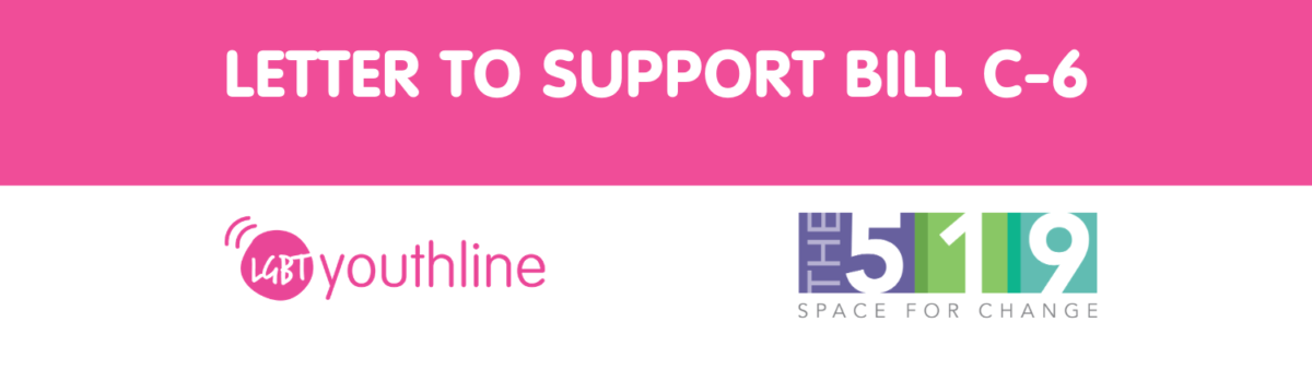 pink background with text Letter to Support Bill C-6 with youthline and the 519 logo below it