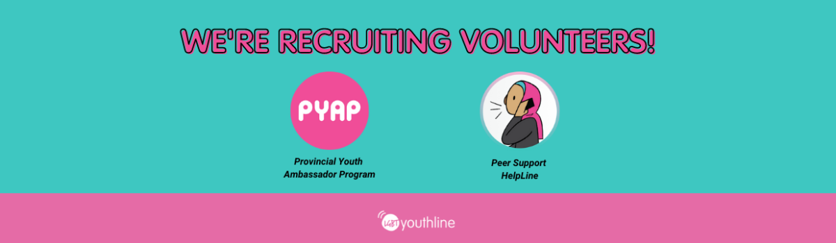 Volunteer recruitment announcement poster on teal background with pink accents. Logos for PYAP and the Peer Support HelpLine appear in the centre,