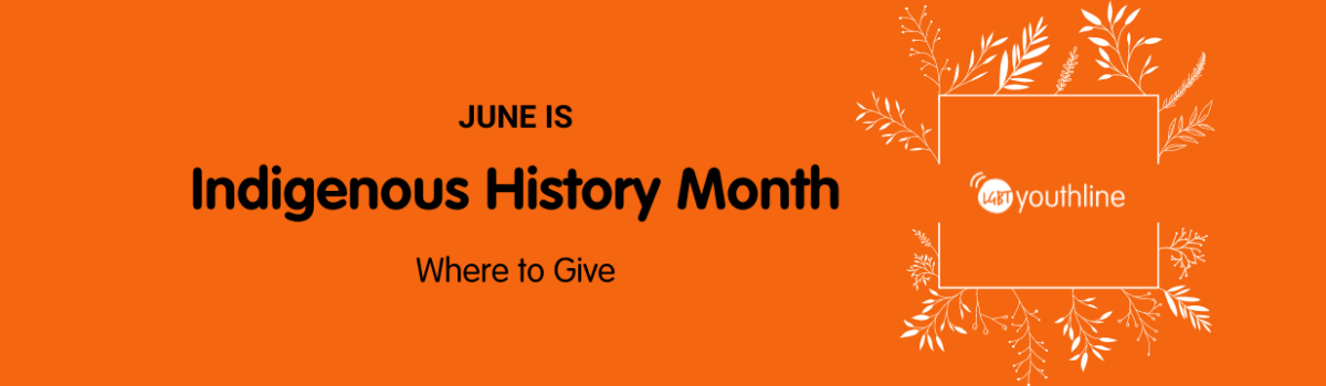 On top of an orange background, black text says that "June is Indigenous History Month: Where to Give." To the right is a white square outlined box that has different sized and shaped white outlines of branches, leaves, and twigs growing out of it. Inside the box, it has the LGBT Youthline logo in white.
