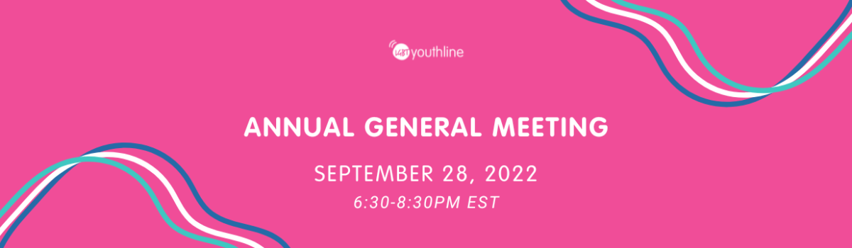 Pink background with teal, blue, and white wavy accents in the bottom left and top right corners. White text reads "Annual General Meeting September 28, 2022 6:30-8:30pm EST"