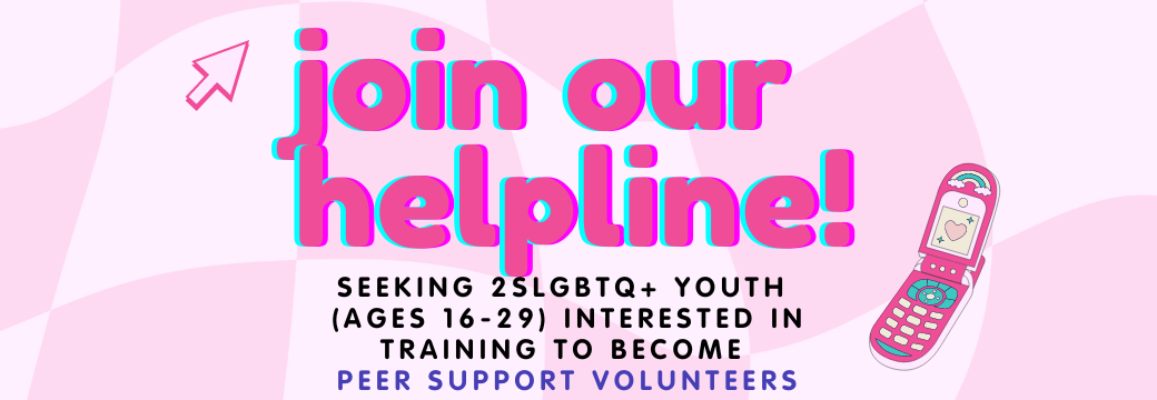 Volunteer recruitment announcement poster on warped pink checkerboard background. Centred is big bubble text announcing that we are seeking youth volunteers interested in training to become peer support volunteers. Framing this text are images of a pink cursor and a pink flip phone.