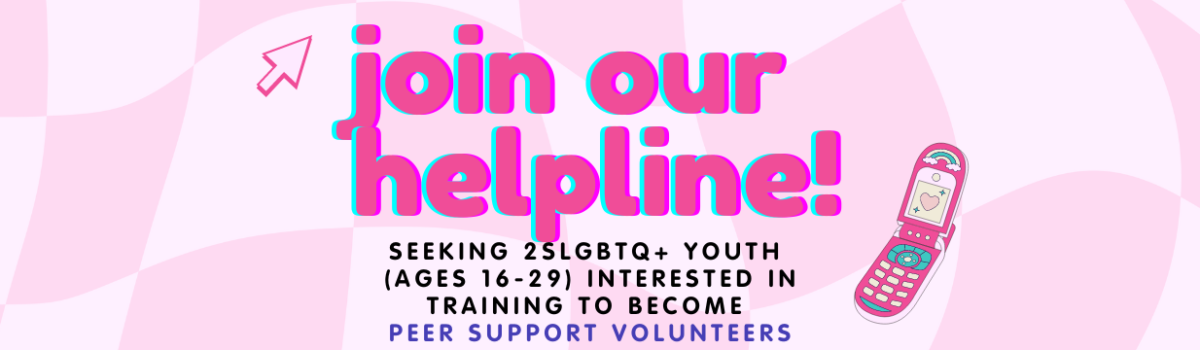 Volunteer recruitment announcement poster on warped pink checkerboard background. Centred is big bubble text announcing that we are seeking youth volunteers interested in training to become peer support volunteers. Framing this text are images of a pink cursor and a pink flip phone.