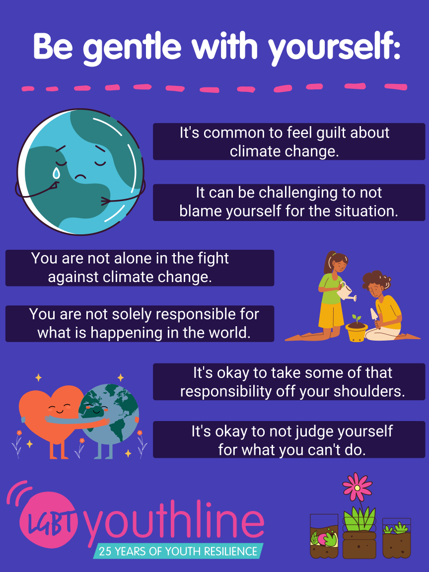 Be gentle with yourself: It's common to feel guilt about climate change. It can be challenging to not blame yourself for the situation. You are not alone in the fight against climate change. You are not solely responsible for what is happening in the world. It's okay to take some of that responsibility off your shoulders. It's okay to not judge yourself for what you can't do.