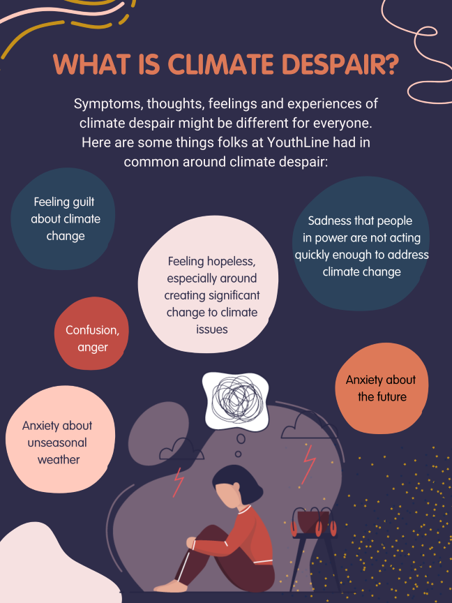 WHAT IS CLIMATE DESPAIR? Symptoms, thoughts, feelings and experiences of climate despair might be different for everyone. Here are some things folks at YouthLine had in common around climate despair: Feeling guilt about climate change Feeling hopeless, especially around creating significant change to climate issues Sadness that people in power are not acting quickly enough to address climate change Confusion, anger Anxiety about unseasonal weather Anxiety about the future
