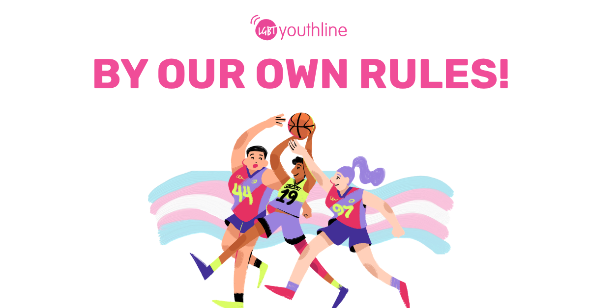 A news article banner showing three athletes against a trans flag and the text "by our own rules!"